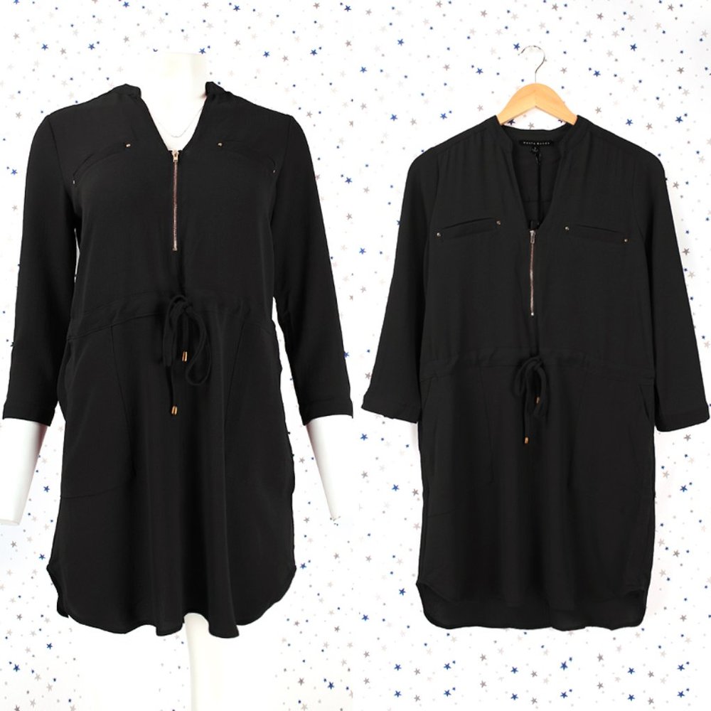 3/4 Sleeve Zipper Front Tunic Shirt Dress Black